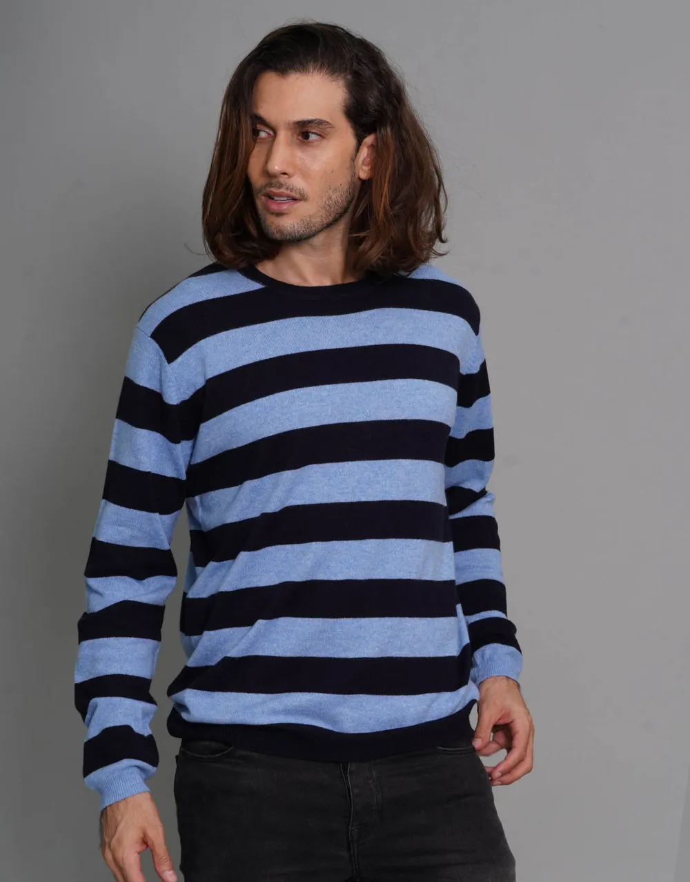 Stripey Men's Round Neck Pullover in Neronavy