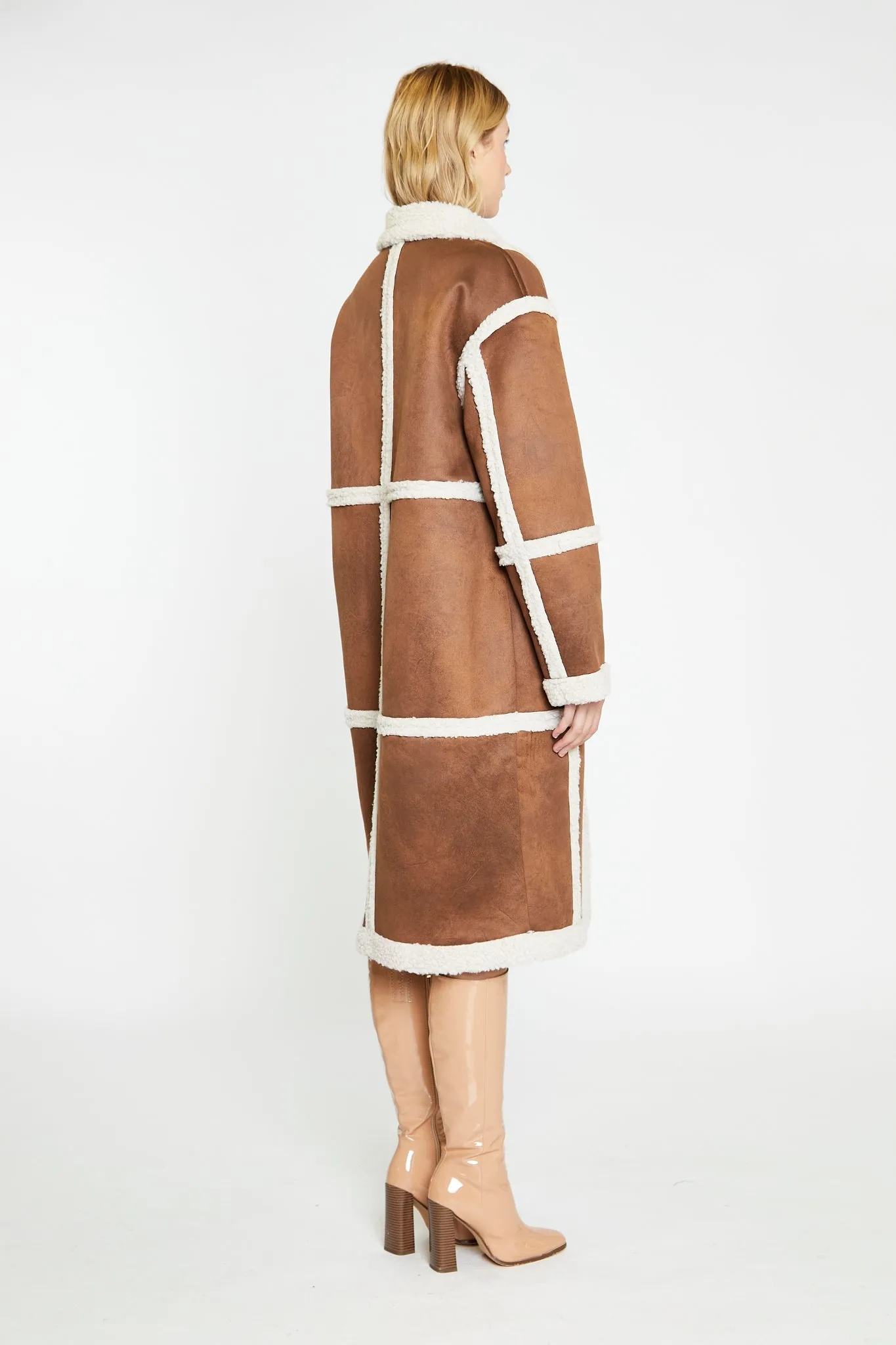 Tan-Cream Shearling Midi-Coat