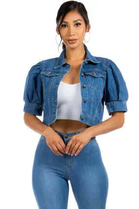 TEEK - NAVY DENIM CROPPED PUFF SLEEVE JACKET