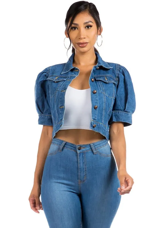 TEEK - NAVY DENIM CROPPED PUFF SLEEVE JACKET