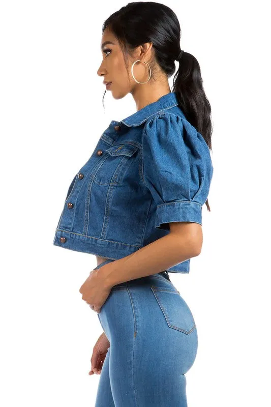 TEEK - NAVY DENIM CROPPED PUFF SLEEVE JACKET