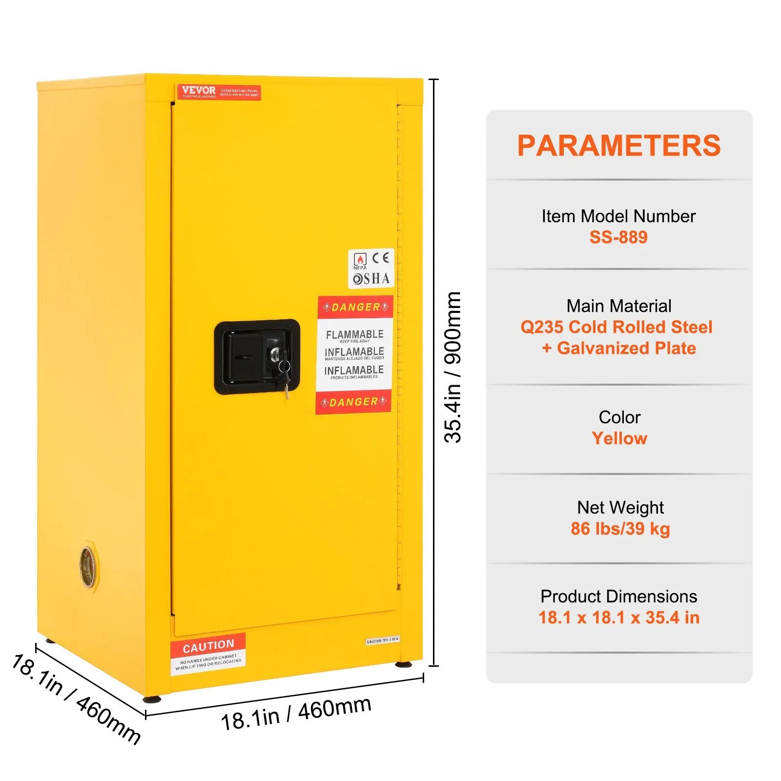 Vevor Flammable Storage Safety Cabinet 18.1" x 18.1" x 35.4" Galvanized Steel 16 Gal. Capacity New