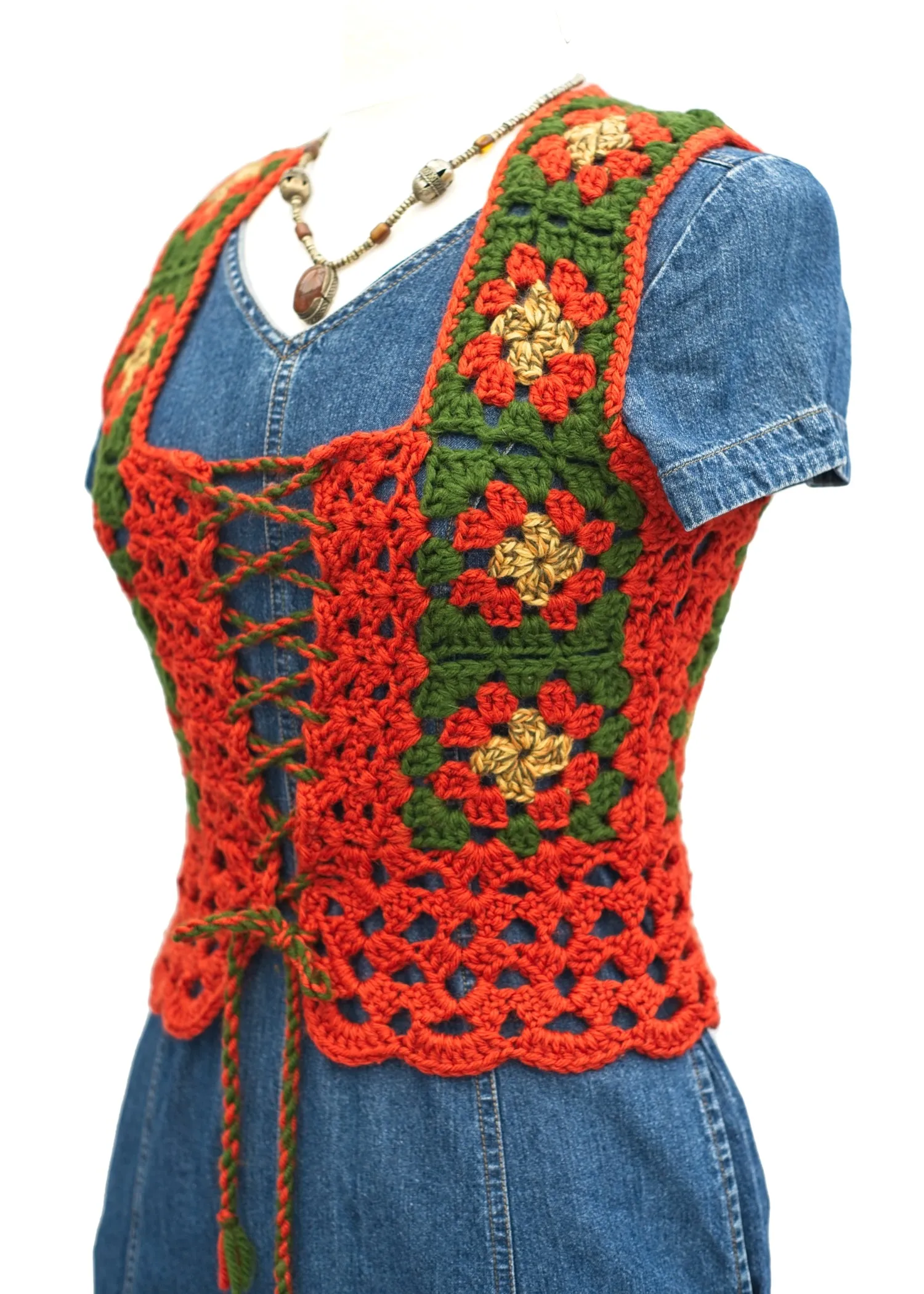 Vintage 60s Orange Hand Crochet Waistcoat • Front Lacing Vest