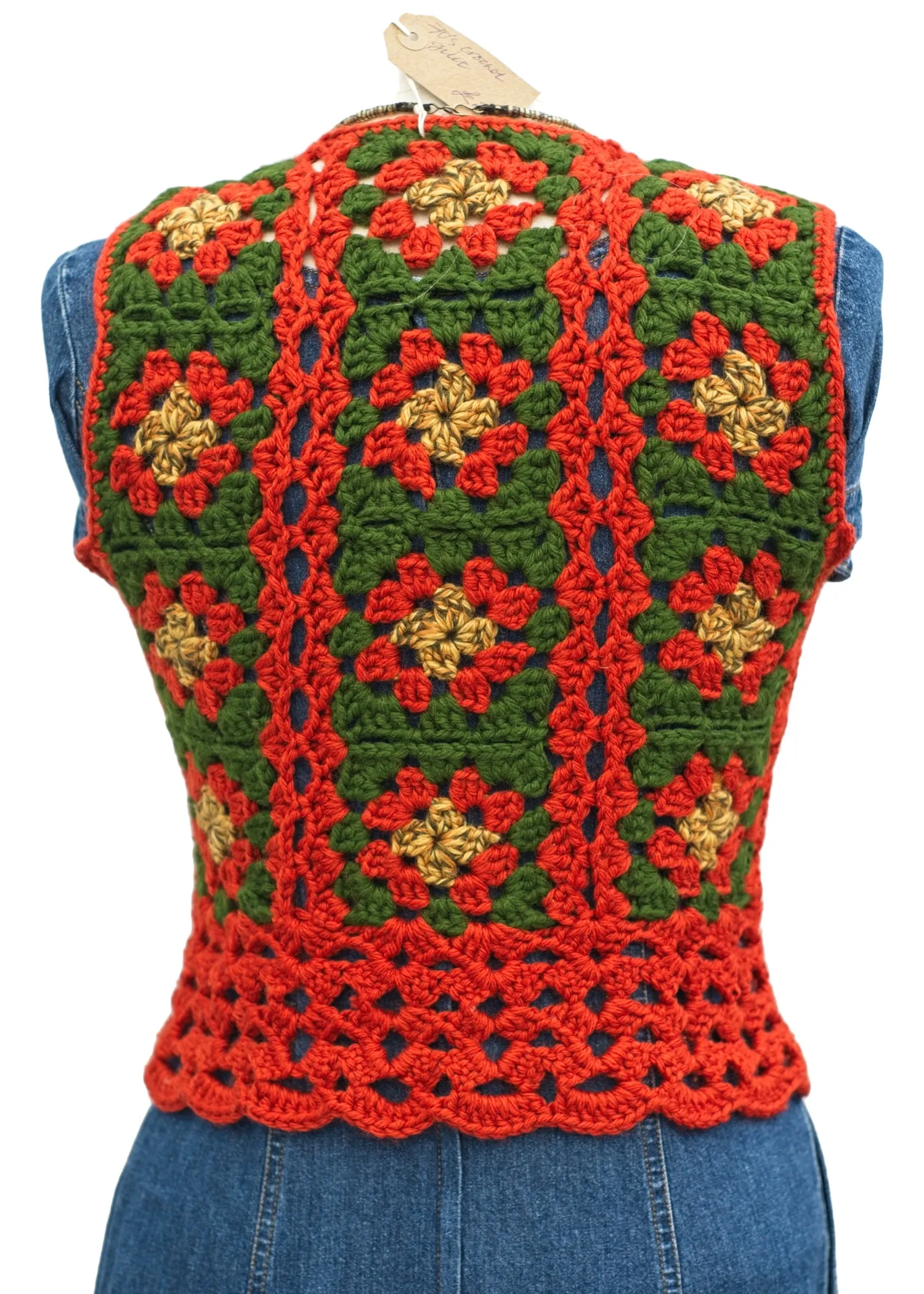 Vintage 60s Orange Hand Crochet Waistcoat • Front Lacing Vest