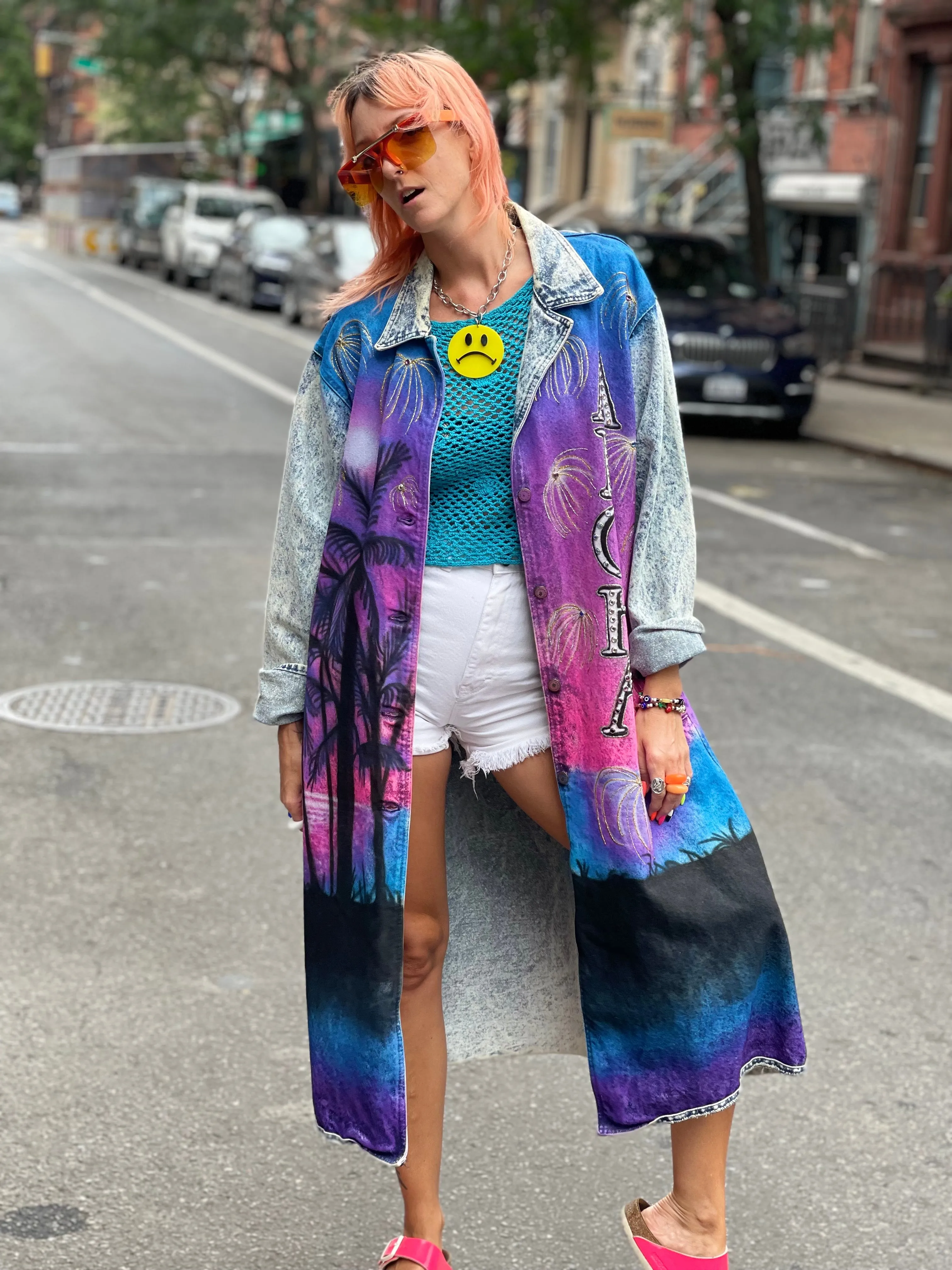 Vintage 80s Custom Airbrushed and Bedazzled Aloha Denim Coat