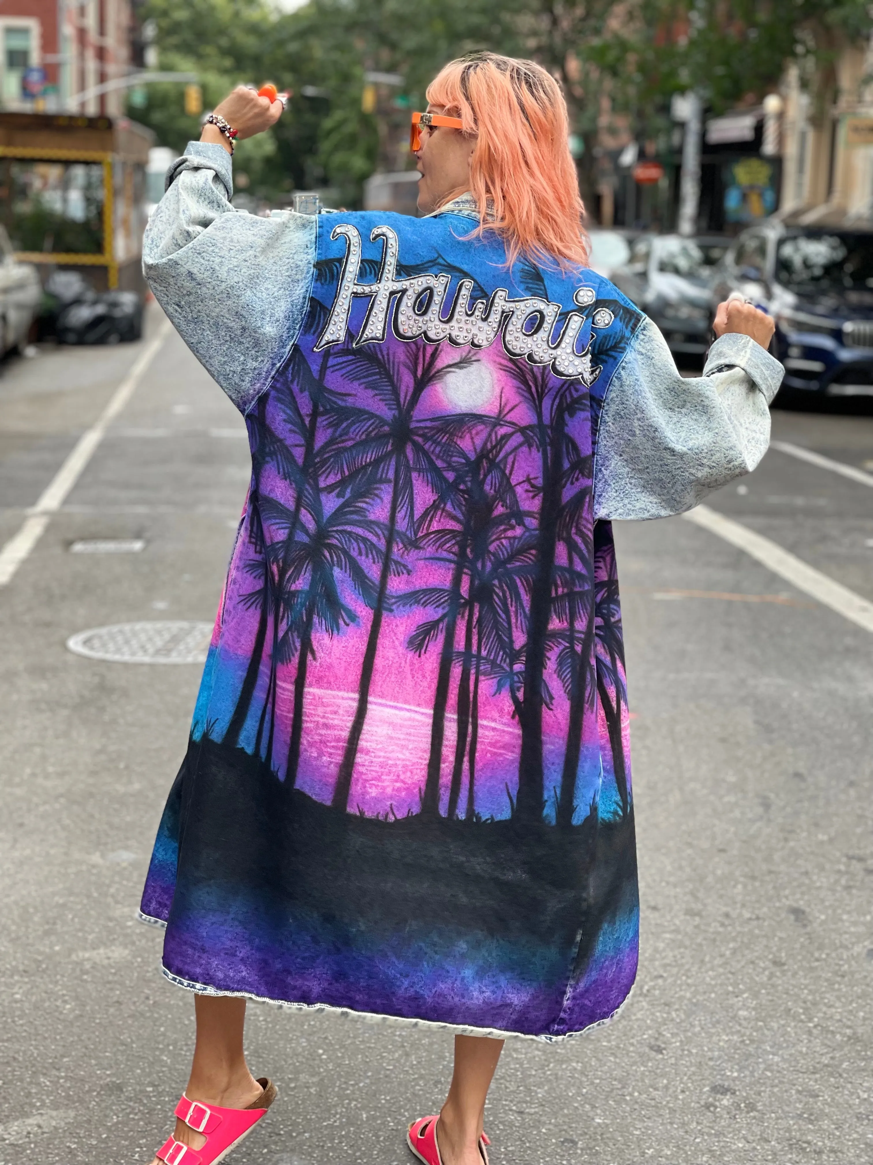 Vintage 80s Custom Airbrushed and Bedazzled Aloha Denim Coat