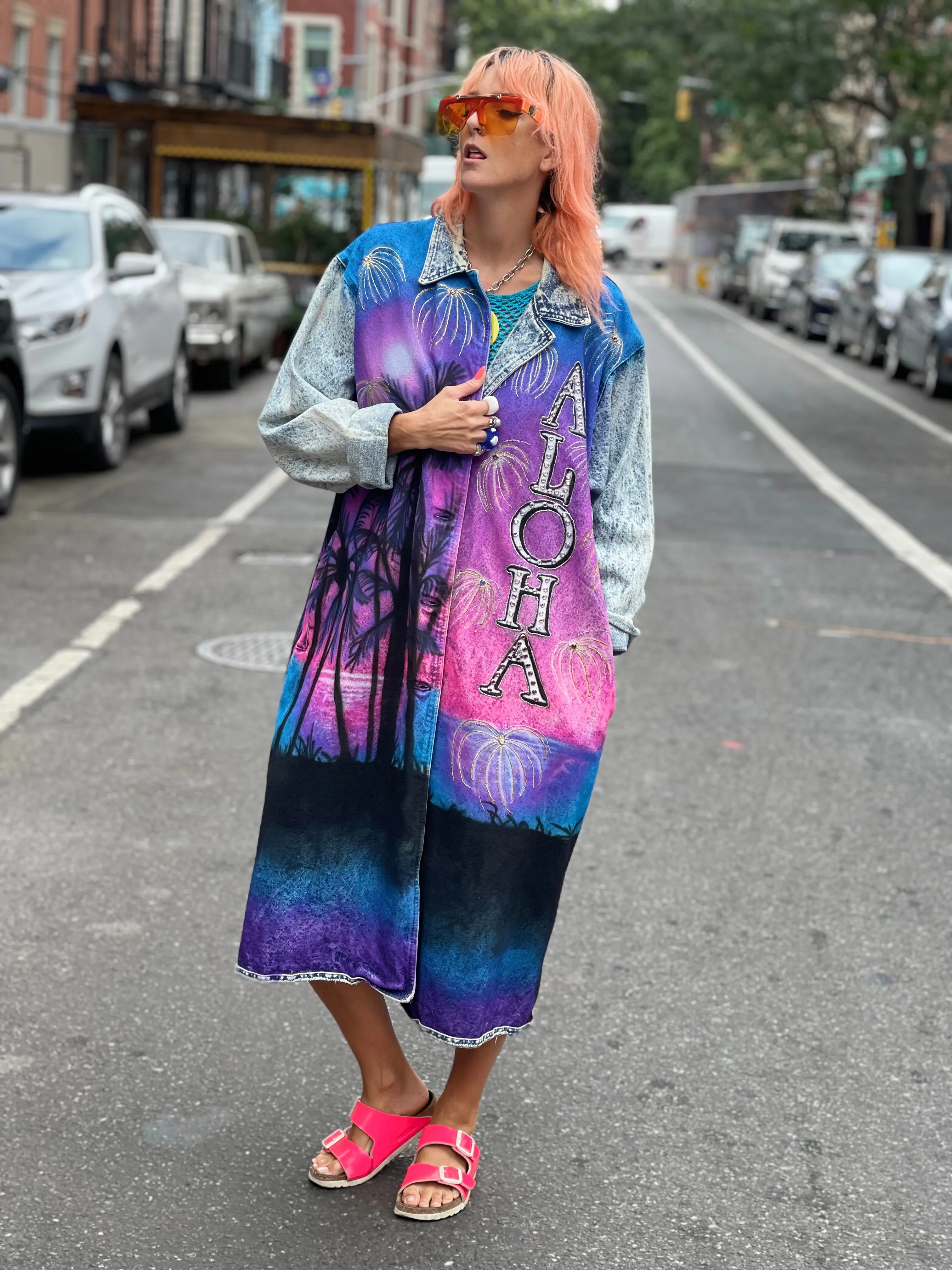 Vintage 80s Custom Airbrushed and Bedazzled Aloha Denim Coat