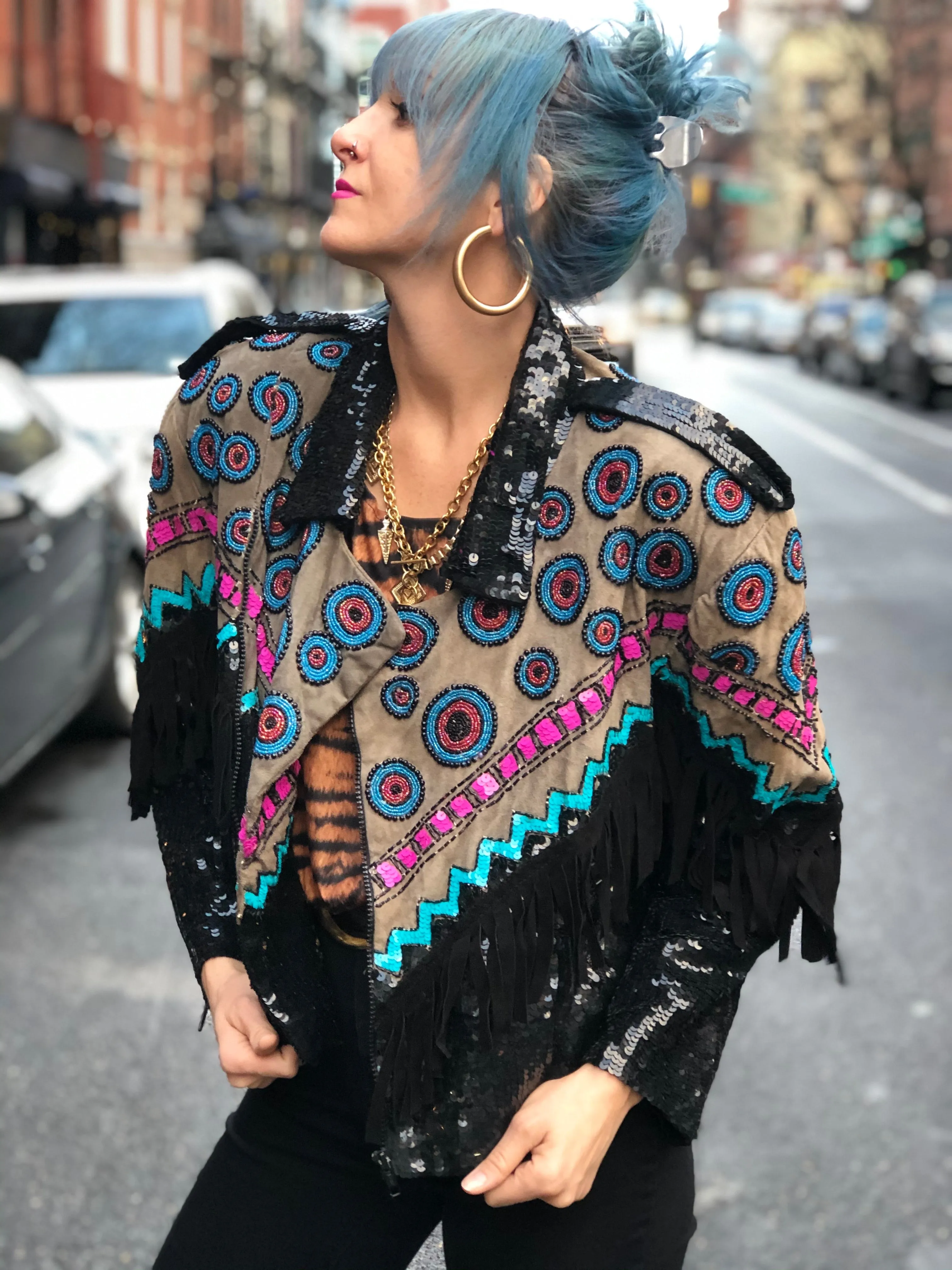 Vintage 80s Sequin Fringe Southwestern Moto Jacket