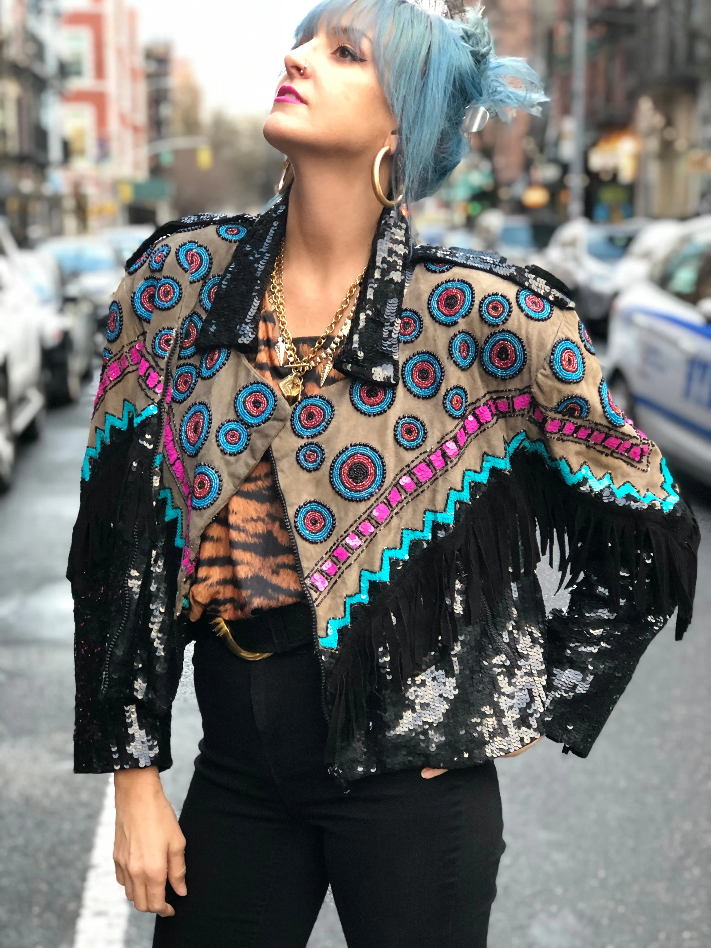 Vintage 80s Sequin Fringe Southwestern Moto Jacket