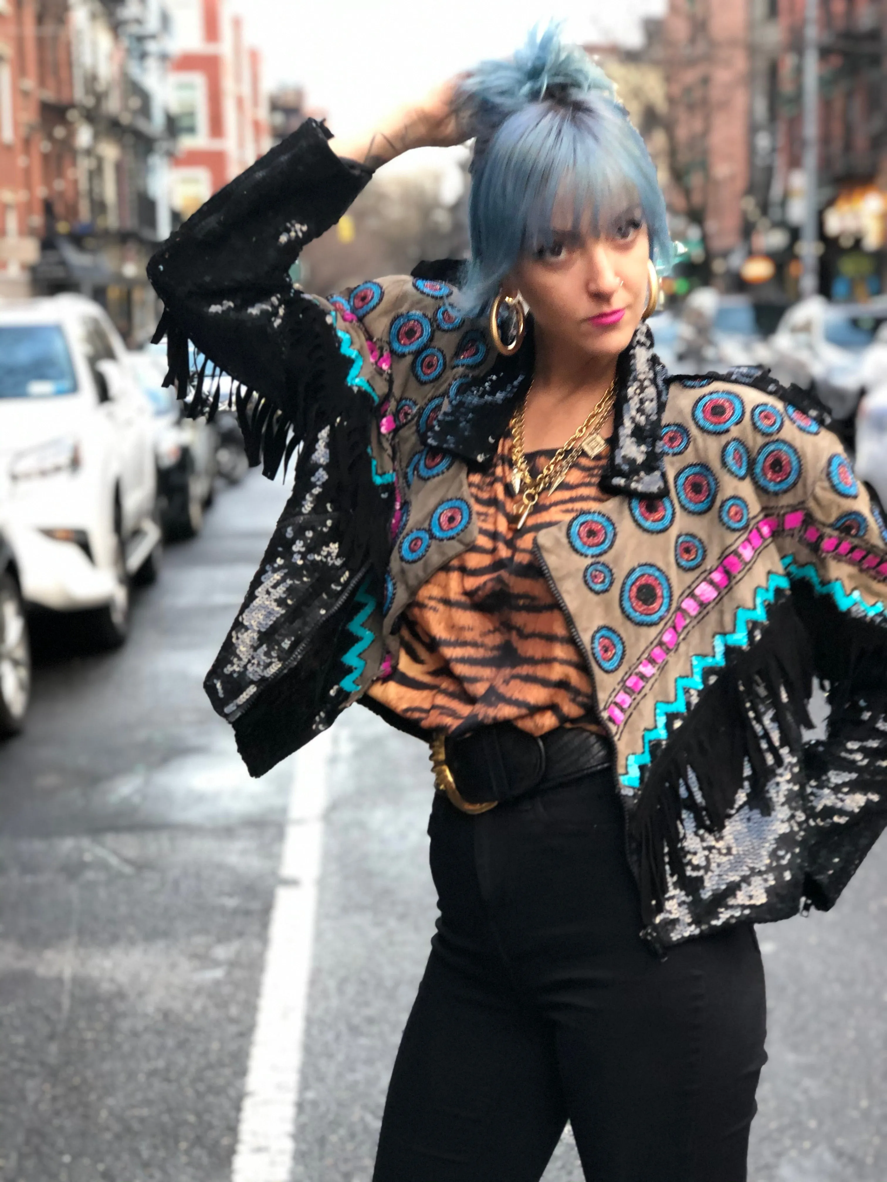 Vintage 80s Sequin Fringe Southwestern Moto Jacket