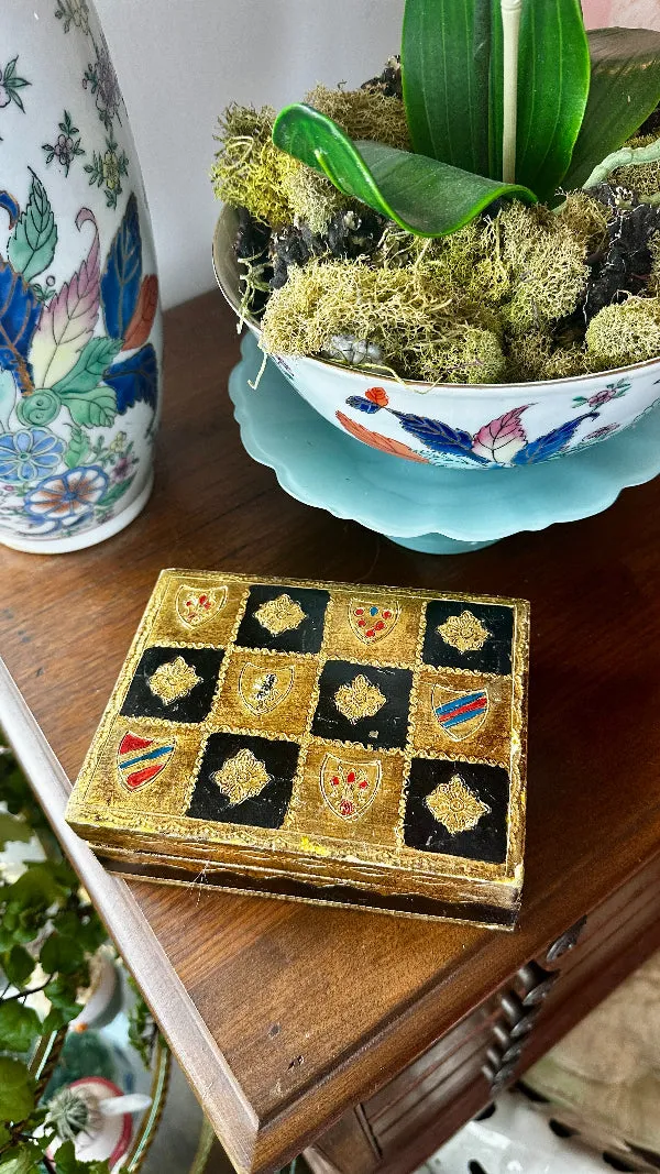 Vintage Box, Italian Florentine, Coat of Arms, Black and Gold