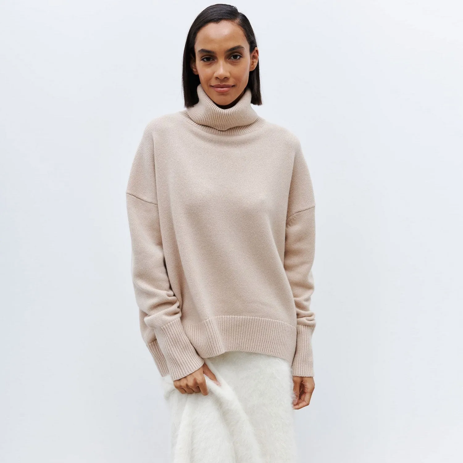 Warm Monochrome Turtleneck Drop Shoulder Long Sleeve Pullover Oversized Sweater