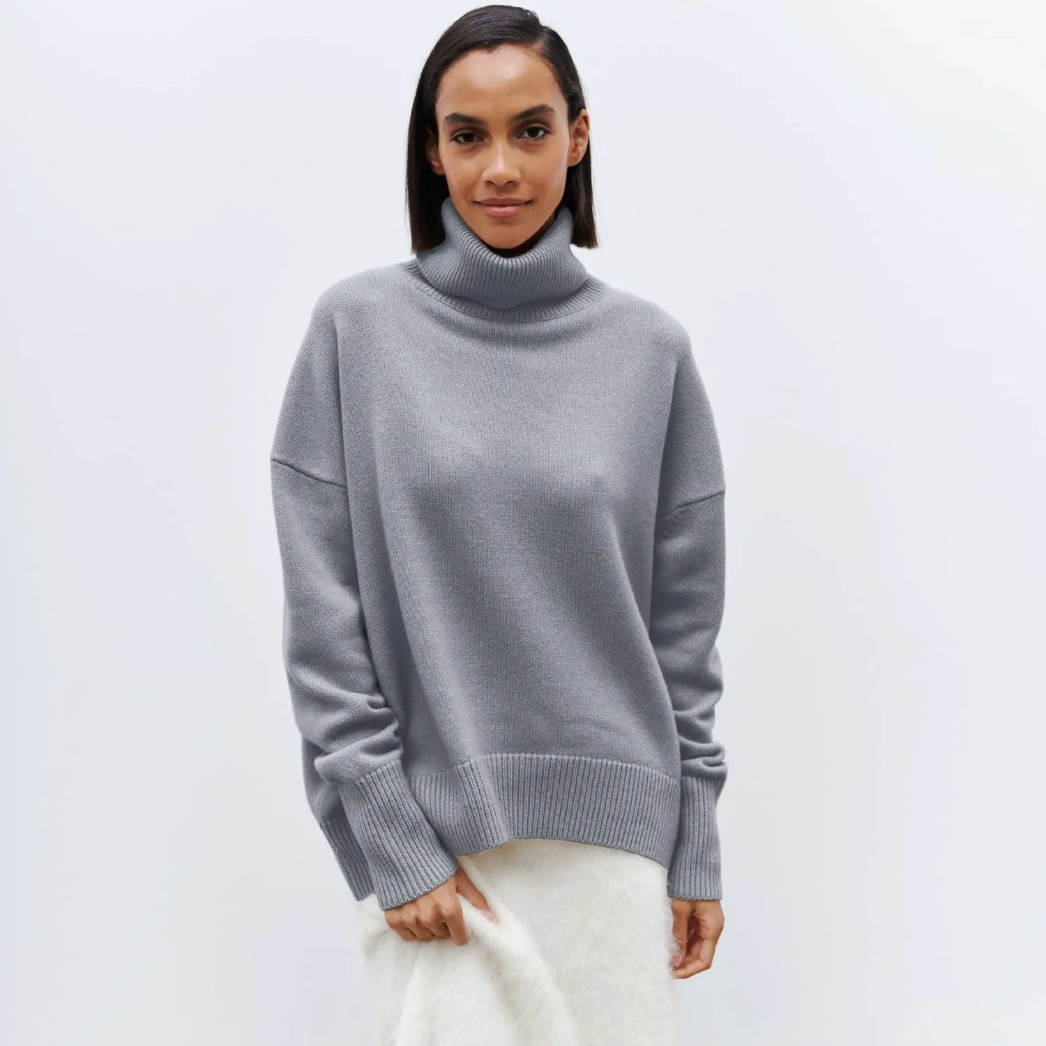 Warm Monochrome Turtleneck Drop Shoulder Long Sleeve Pullover Oversized Sweater