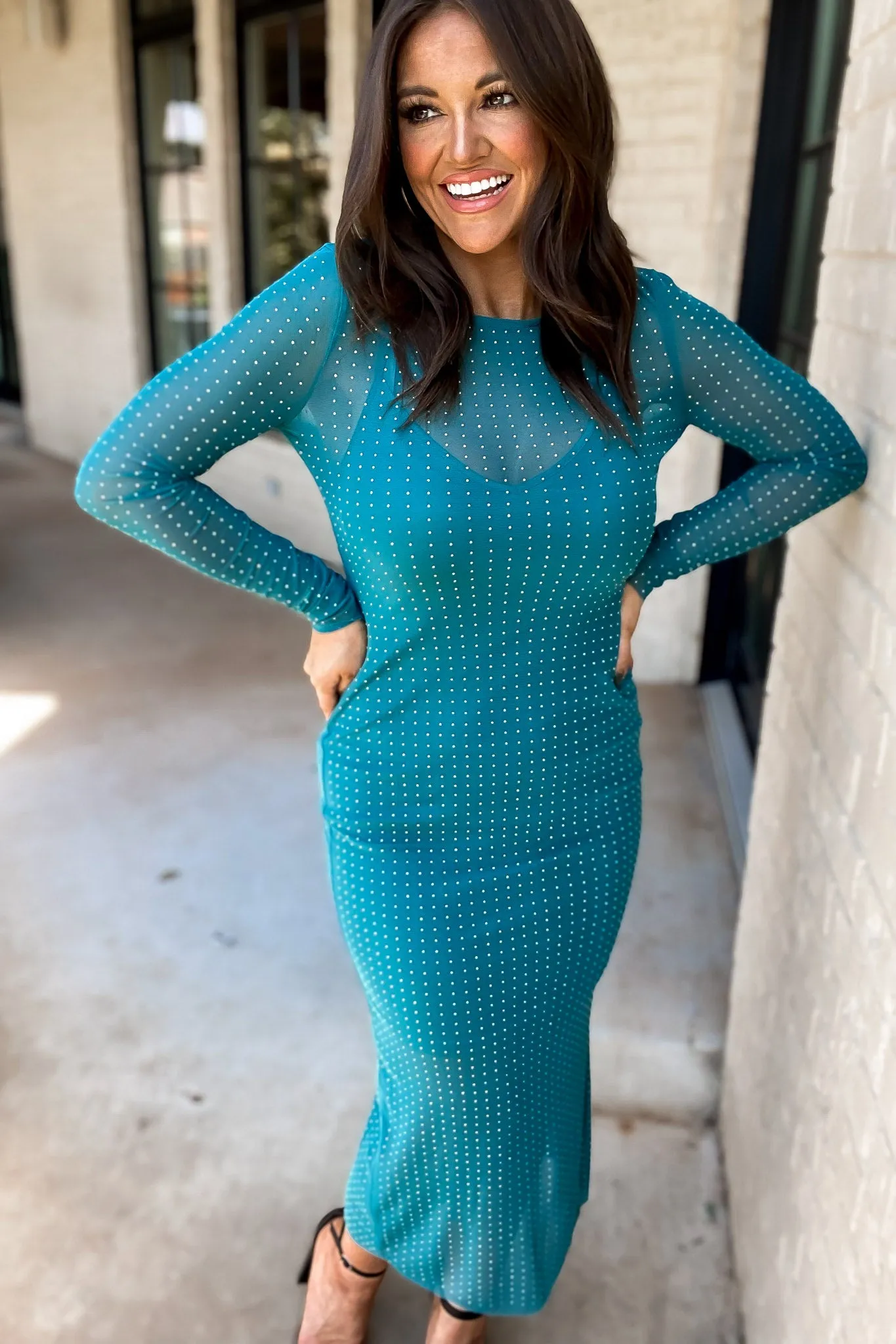 What Makes You Beautiful Teal Rhinestone Mesh Long Sleeve Maxi Dress