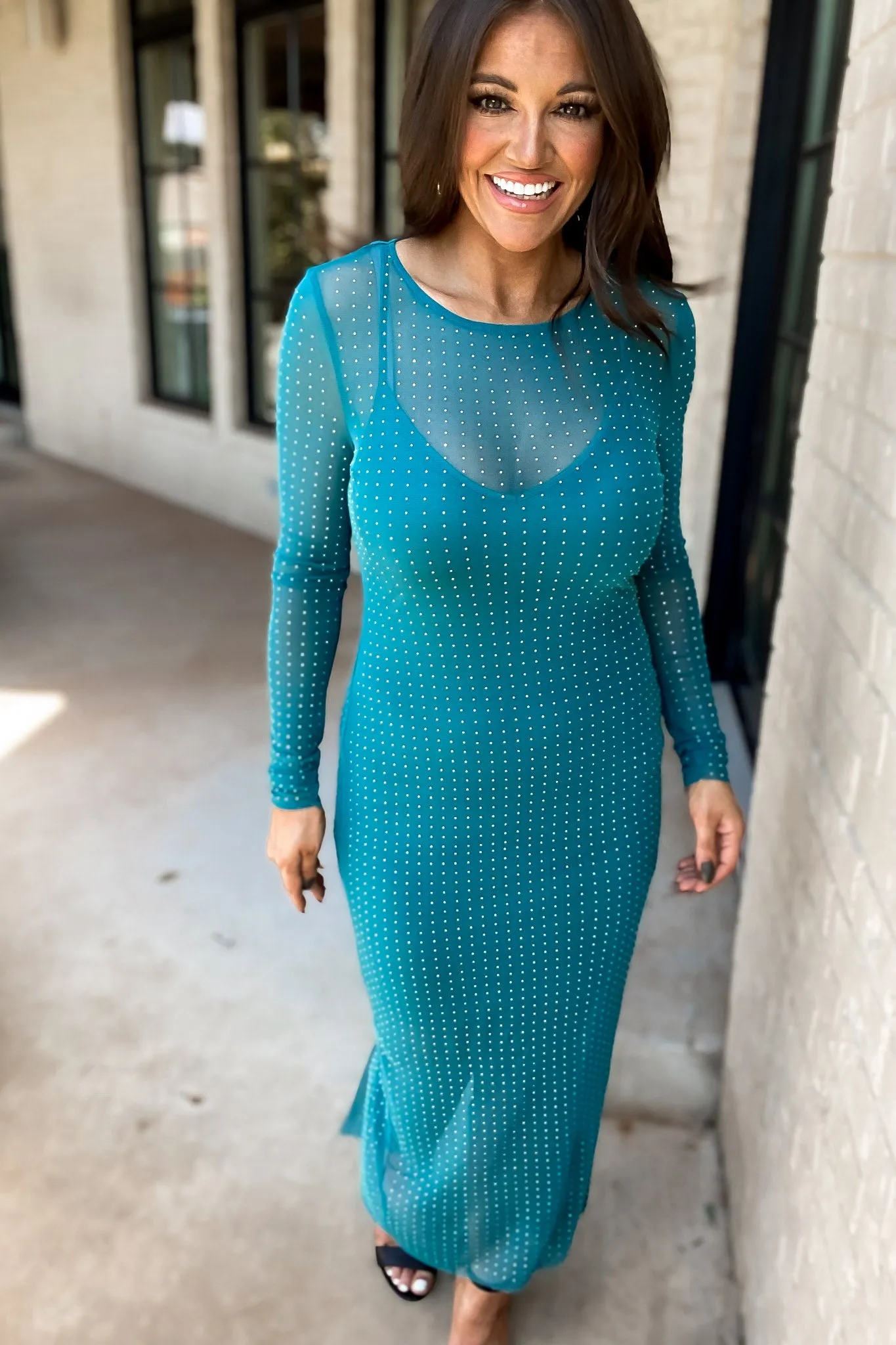 What Makes You Beautiful Teal Rhinestone Mesh Long Sleeve Maxi Dress