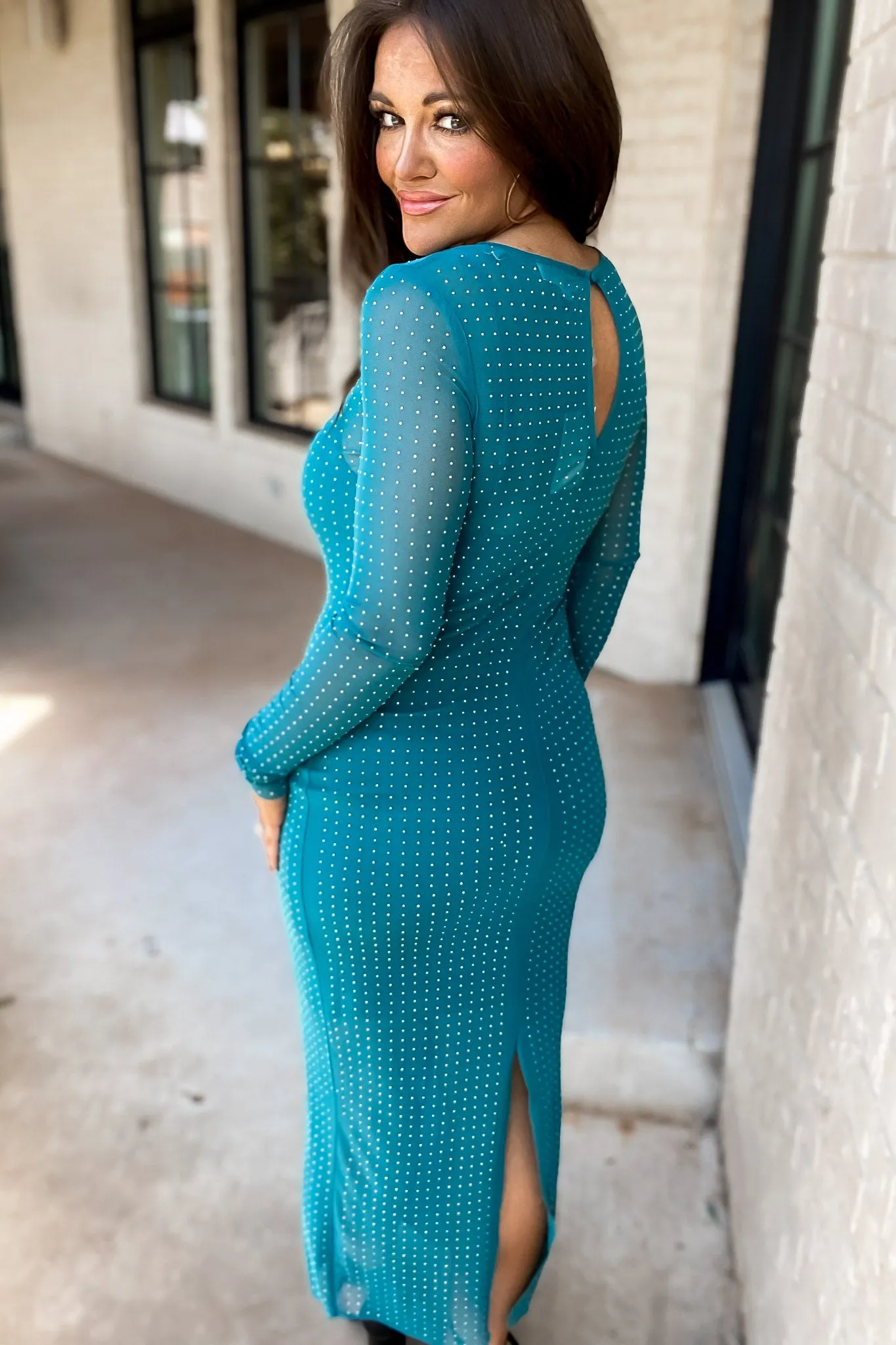 What Makes You Beautiful Teal Rhinestone Mesh Long Sleeve Maxi Dress