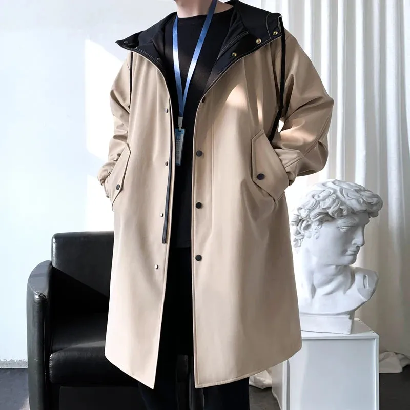 Wiaofellas  -  Trench Men Fashion Turn Down Collar Hooded Trenchcoat Autumn Single-breasted Loose Windbreaker Casual Overcoat Fake Two Piece