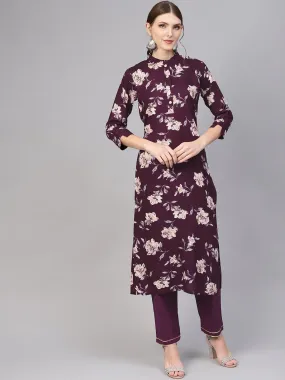 Women Aubergine & Off-White Printed Kurta With Trousers