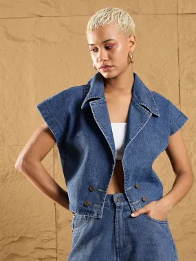 Women Blue Denim Washed Front Open Crop Gilet