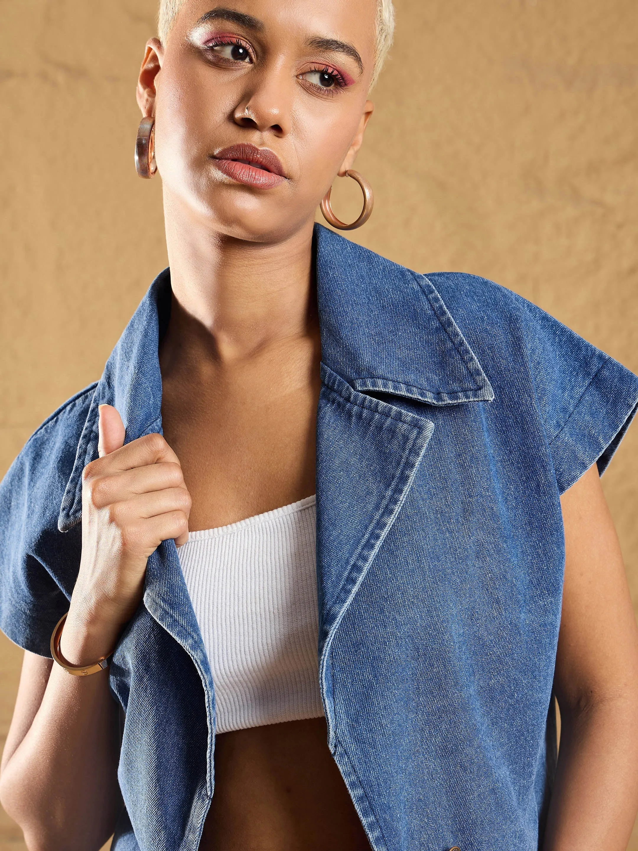 Women Blue Denim Washed Front Open Crop Gilet