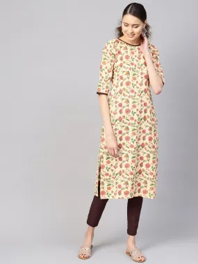 Women Cream-Coloured & Brown Printed Kurta With Trousers