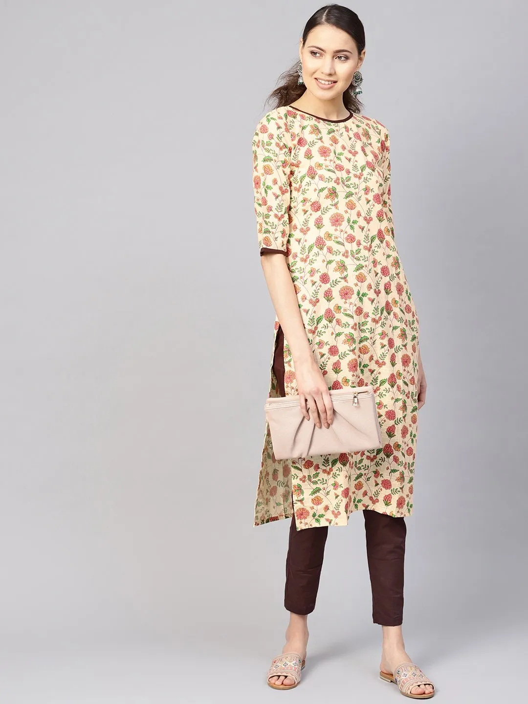 Women Cream-Coloured & Brown Printed Kurta With Trousers