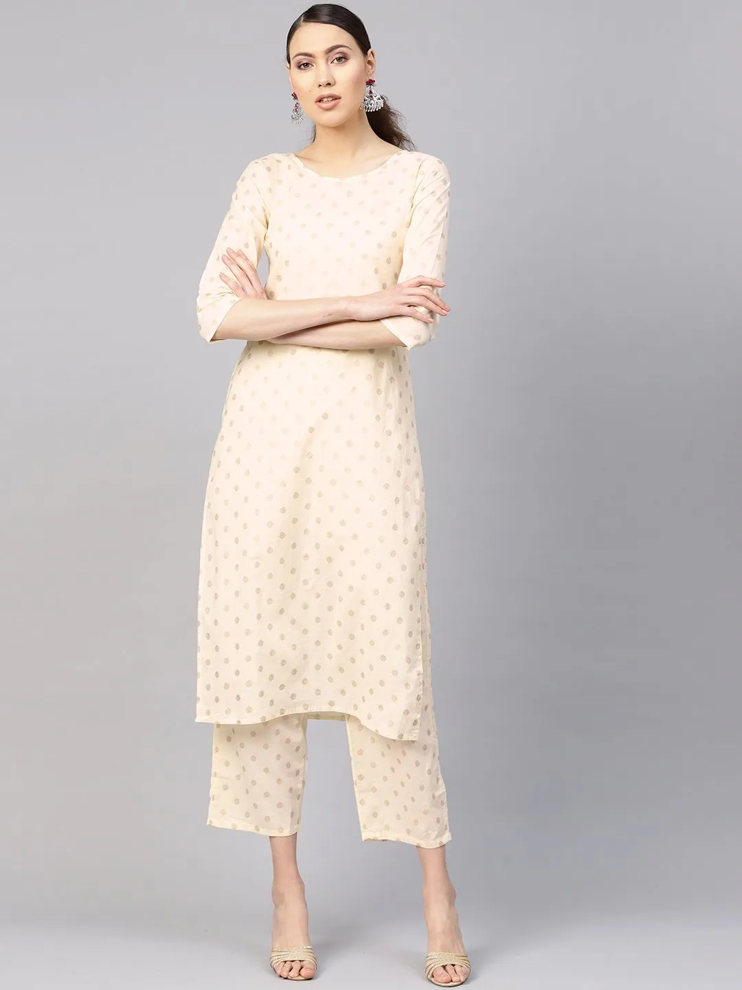 Women Cream-Coloured & Golden Printed Kurta With Trousers