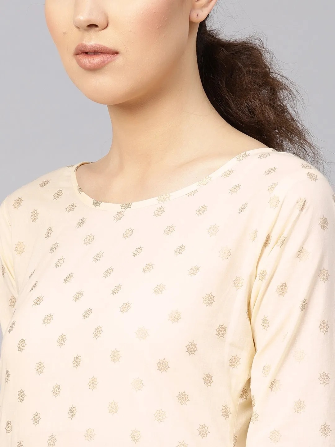 Women Cream-Coloured & Golden Printed Kurta With Trousers