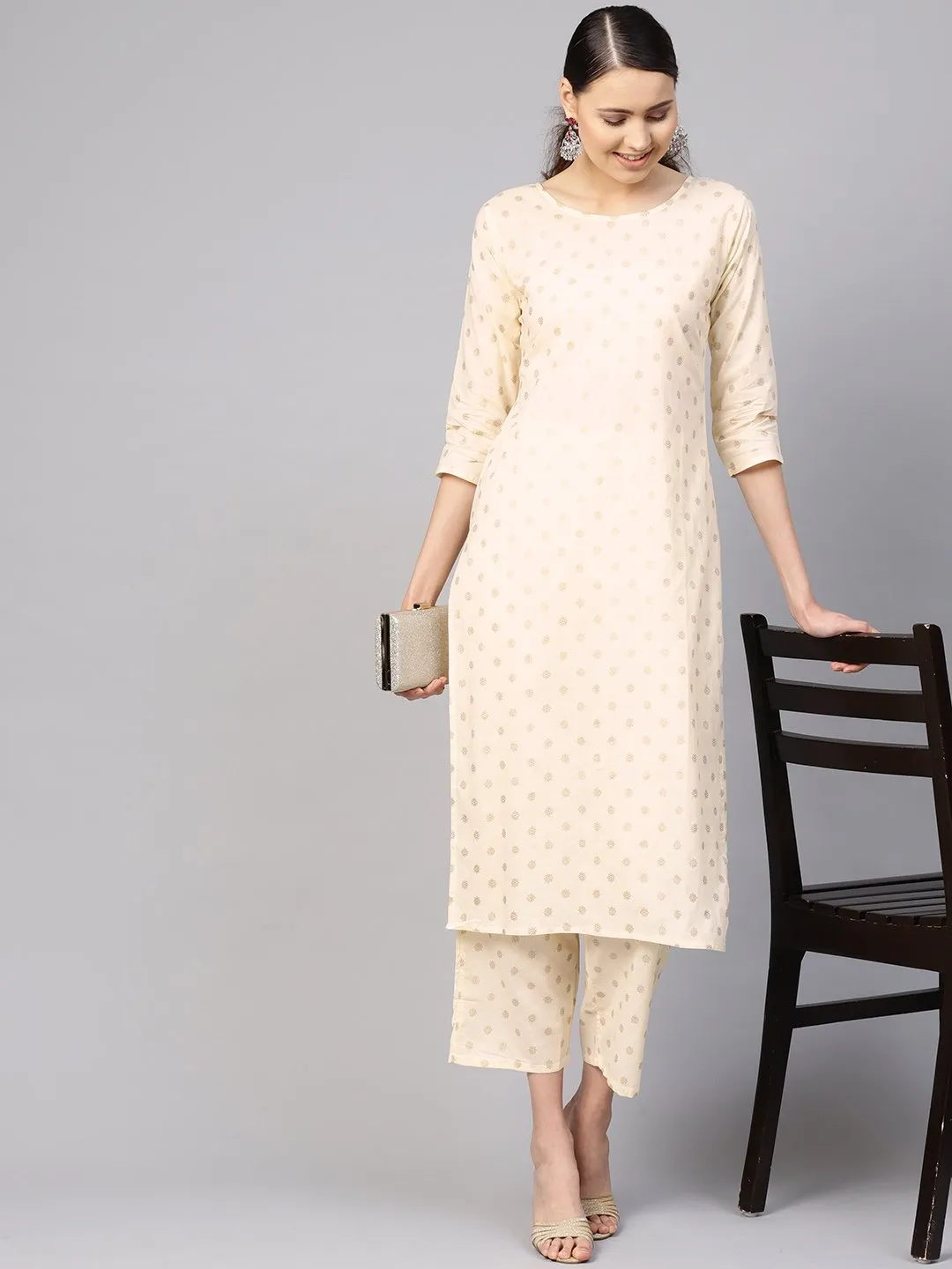 Women Cream-Coloured & Golden Printed Kurta With Trousers