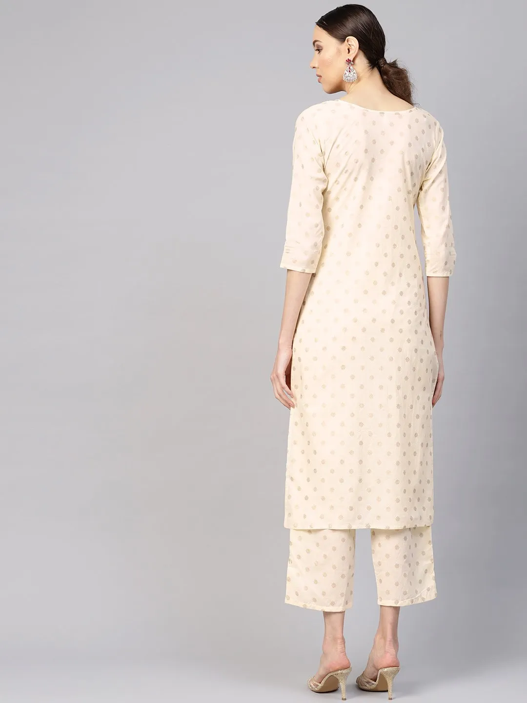 Women Cream-Coloured & Golden Printed Kurta With Trousers