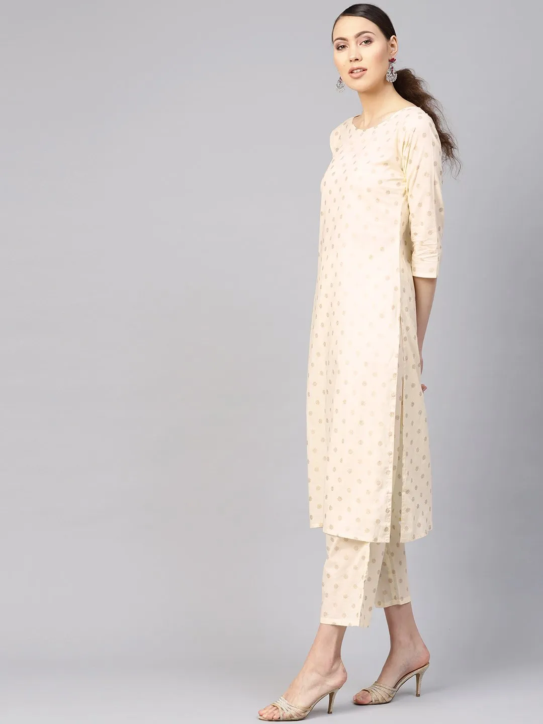 Women Cream-Coloured & Golden Printed Kurta With Trousers