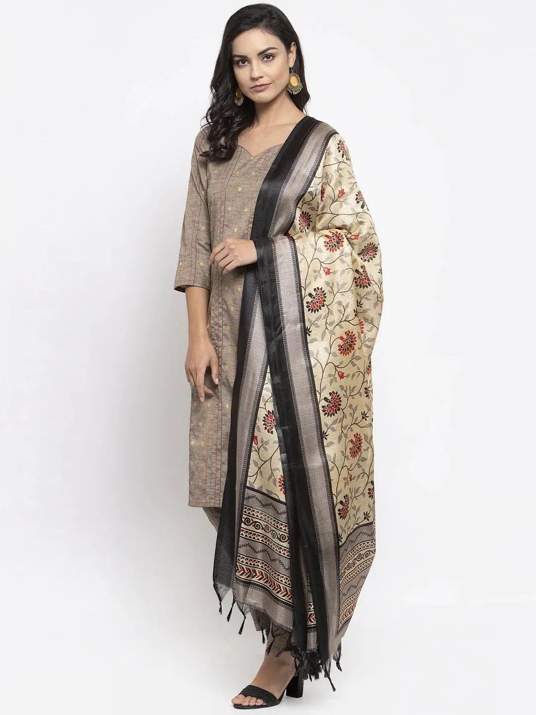 Women Grey Striped Kurta With Trousers & Beige-Red Printed Dupatta