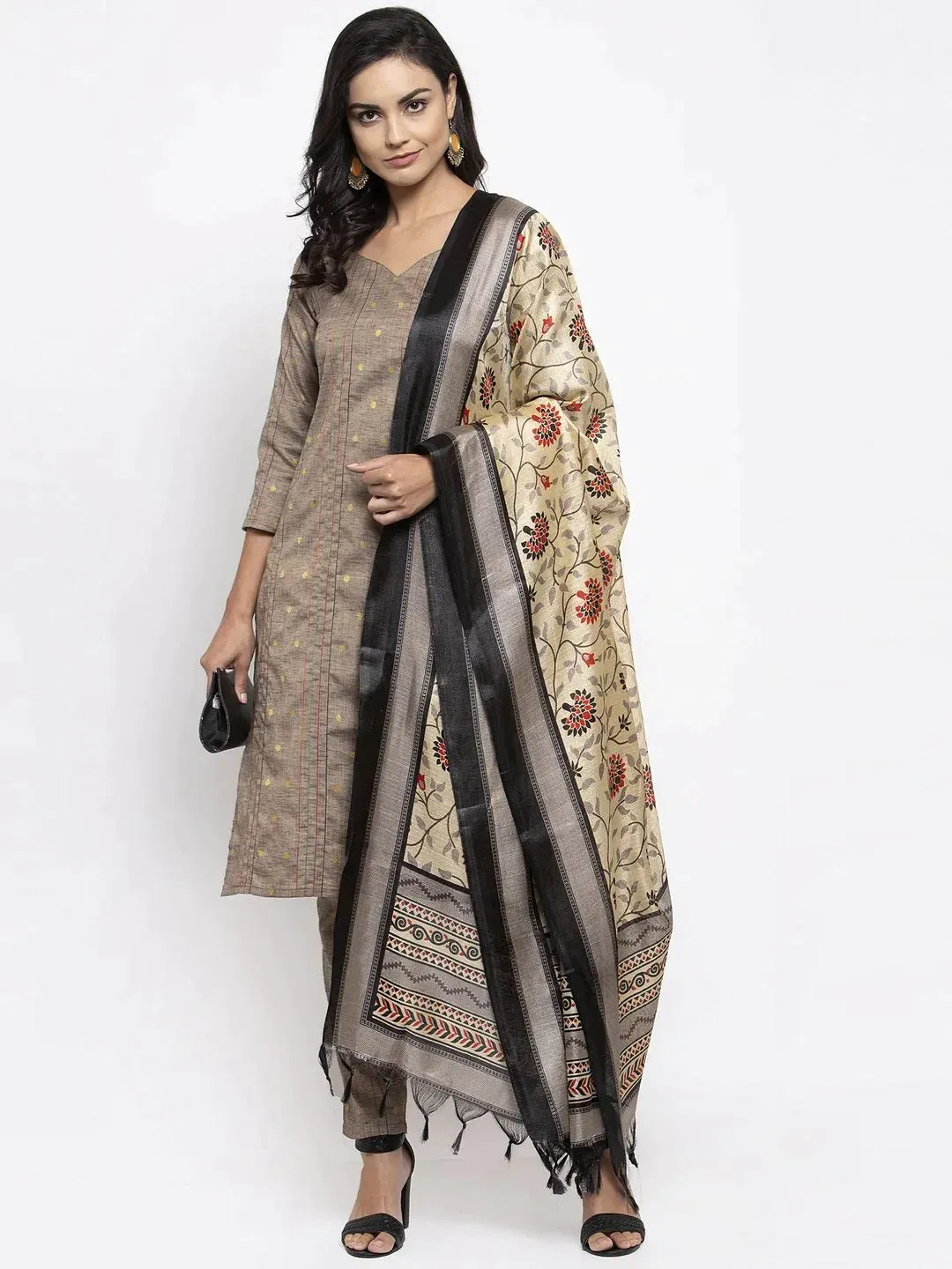 Women Grey Striped Kurta With Trousers & Beige-Red Printed Dupatta