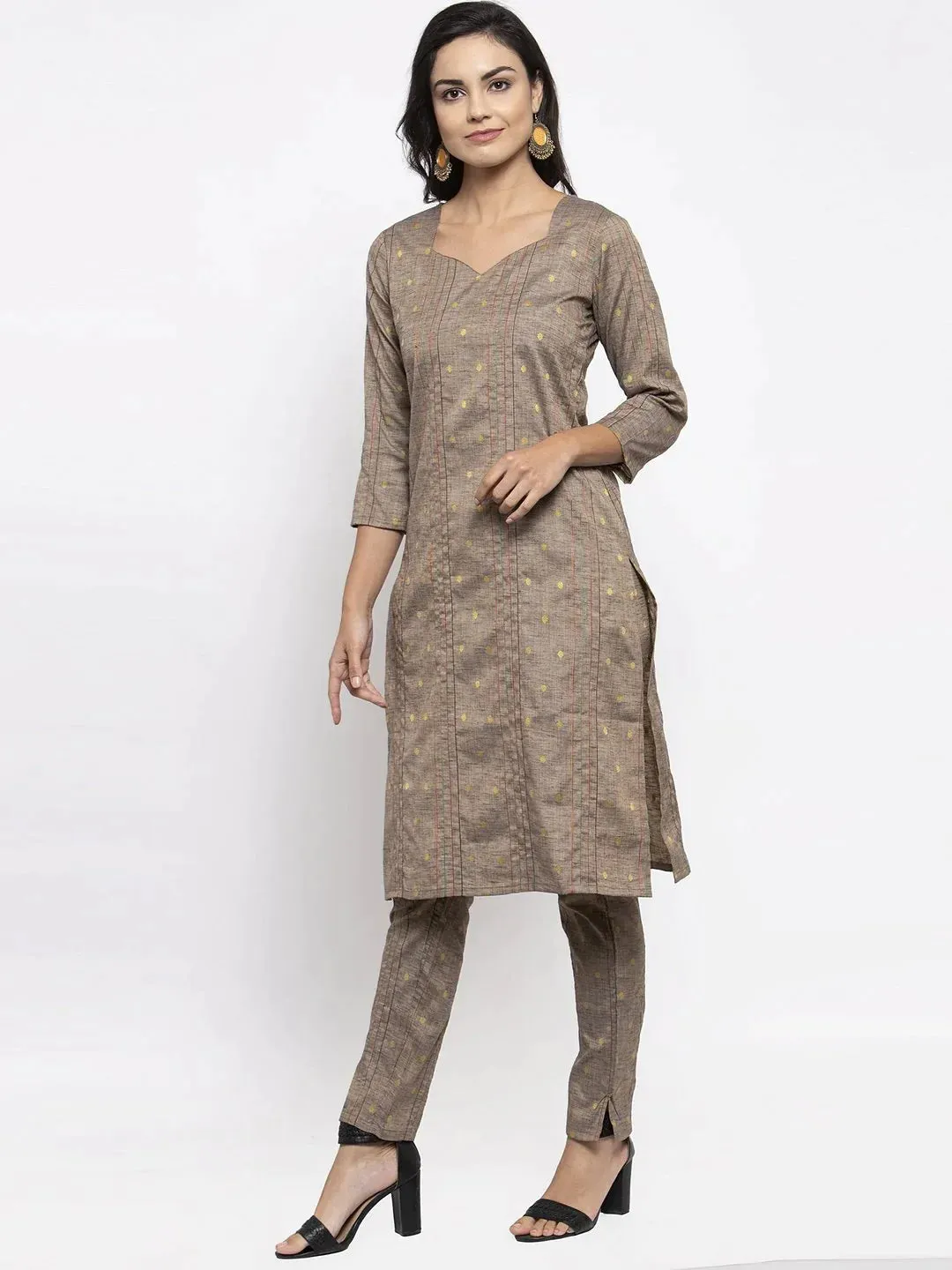 Women Grey Striped Kurta With Trousers & Beige-Red Printed Dupatta