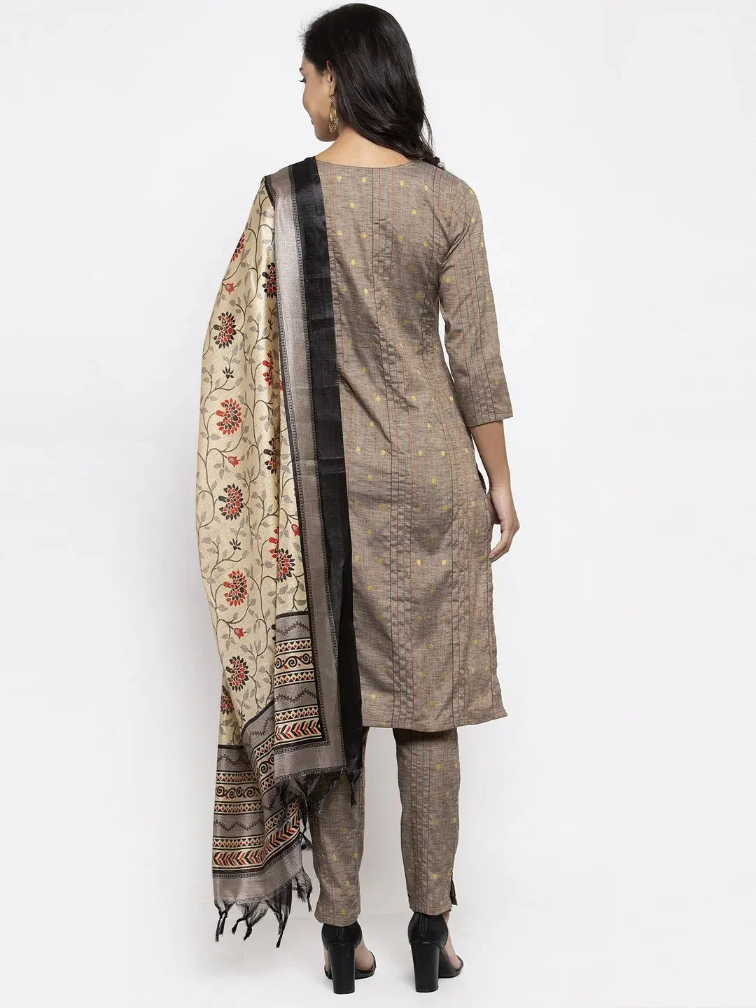 Women Grey Striped Kurta With Trousers & Beige-Red Printed Dupatta