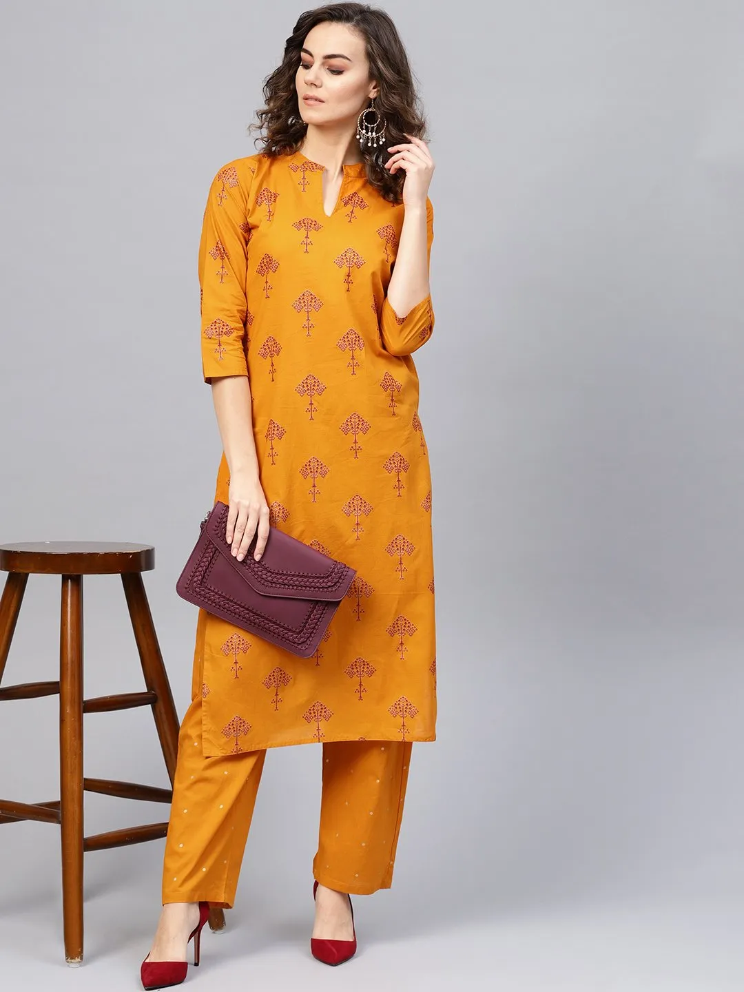 Women Mustard Yellow & Red Printed Kurta With Trousers