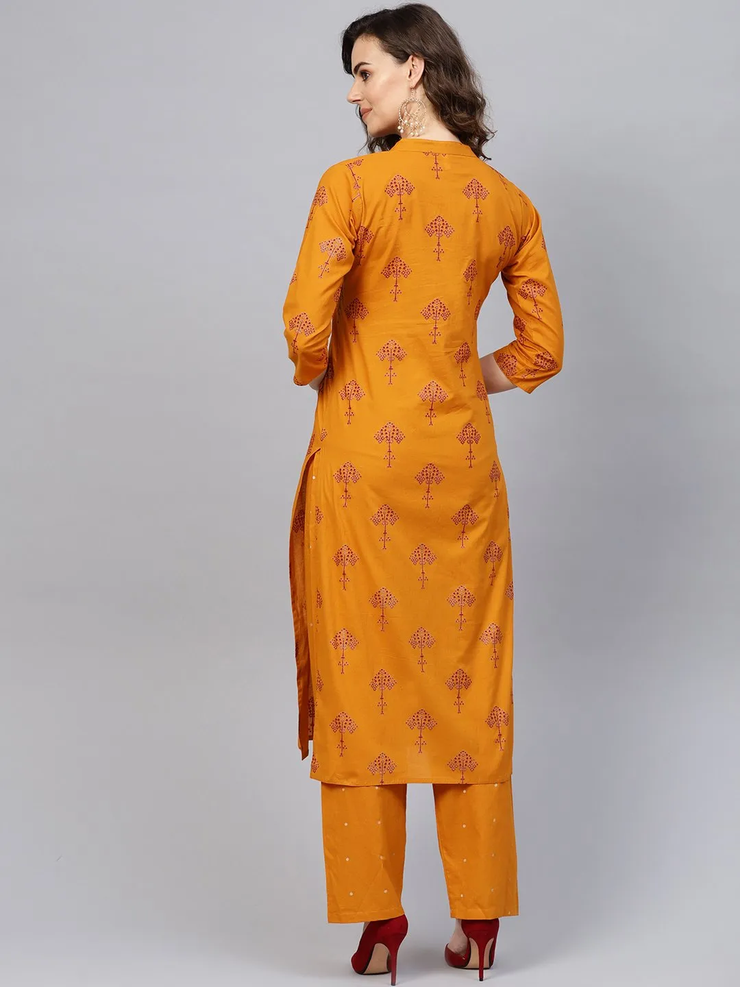 Women Mustard Yellow & Red Printed Kurta With Trousers