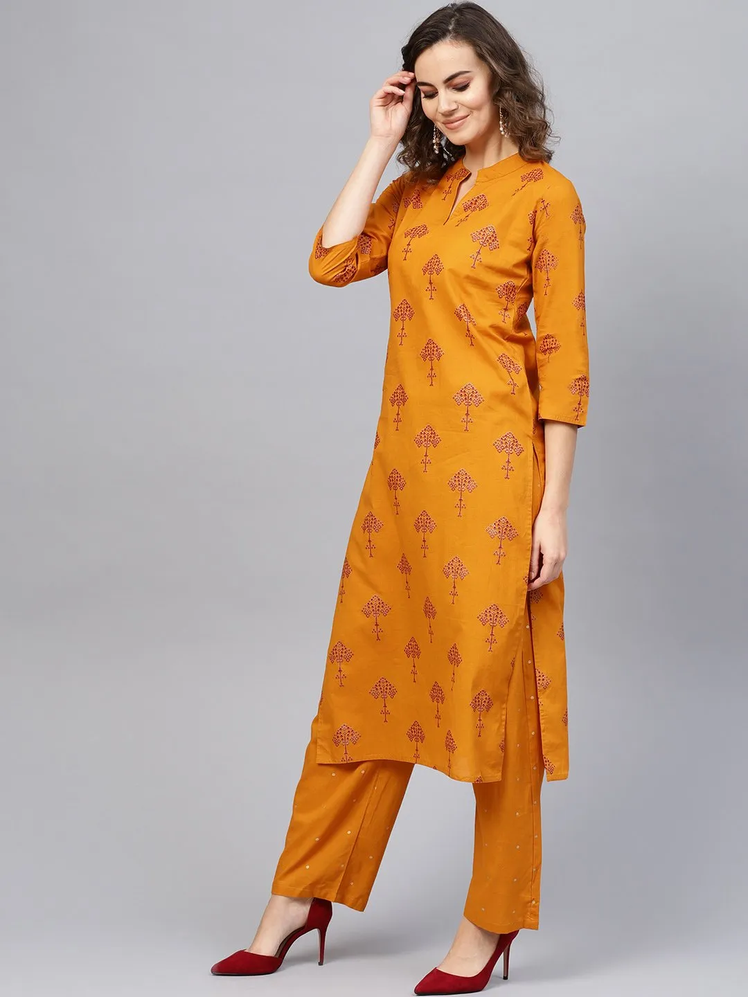 Women Mustard Yellow & Red Printed Kurta With Trousers