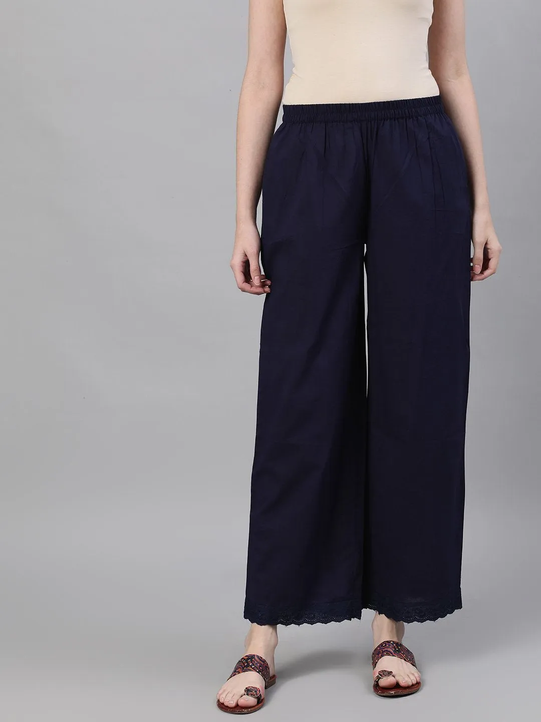 Women Navy Blue Trouser With Lace Detailing