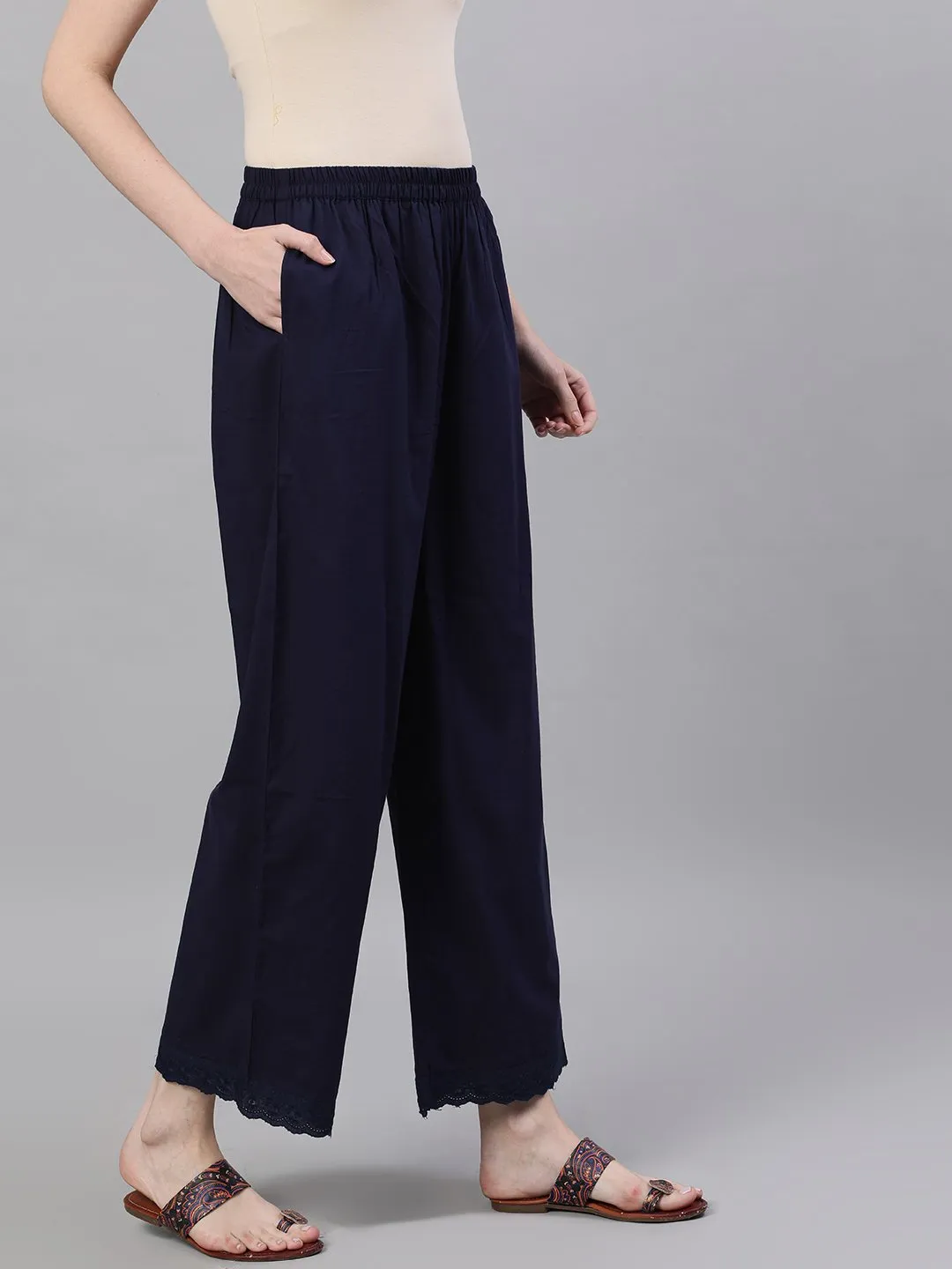 Women Navy Blue Trouser With Lace Detailing