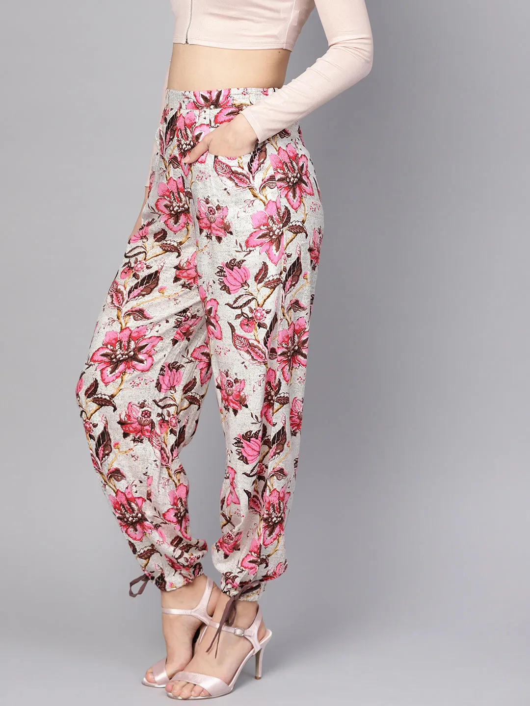 Women Off-White & Pink Floral Printed Trouser