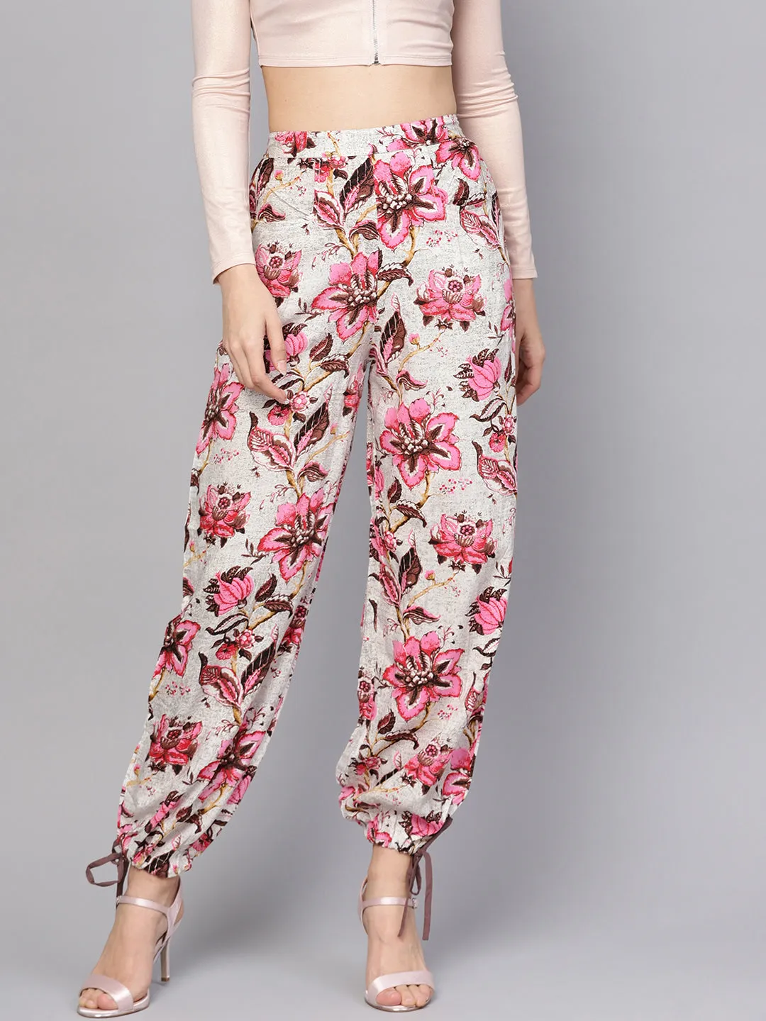 Women Off-White & Pink Floral Printed Trouser