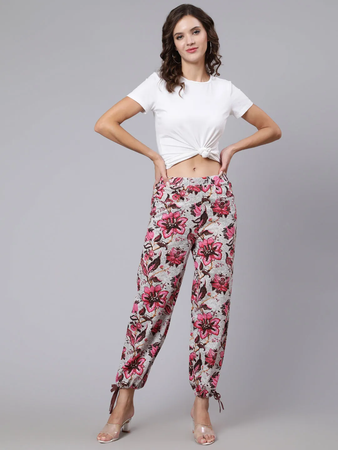 Women Off-White & Pink Floral Printed Trouser