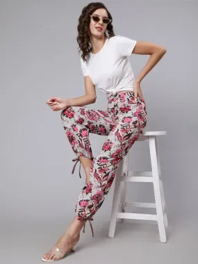 Women Off-White & Pink Floral Printed Trouser