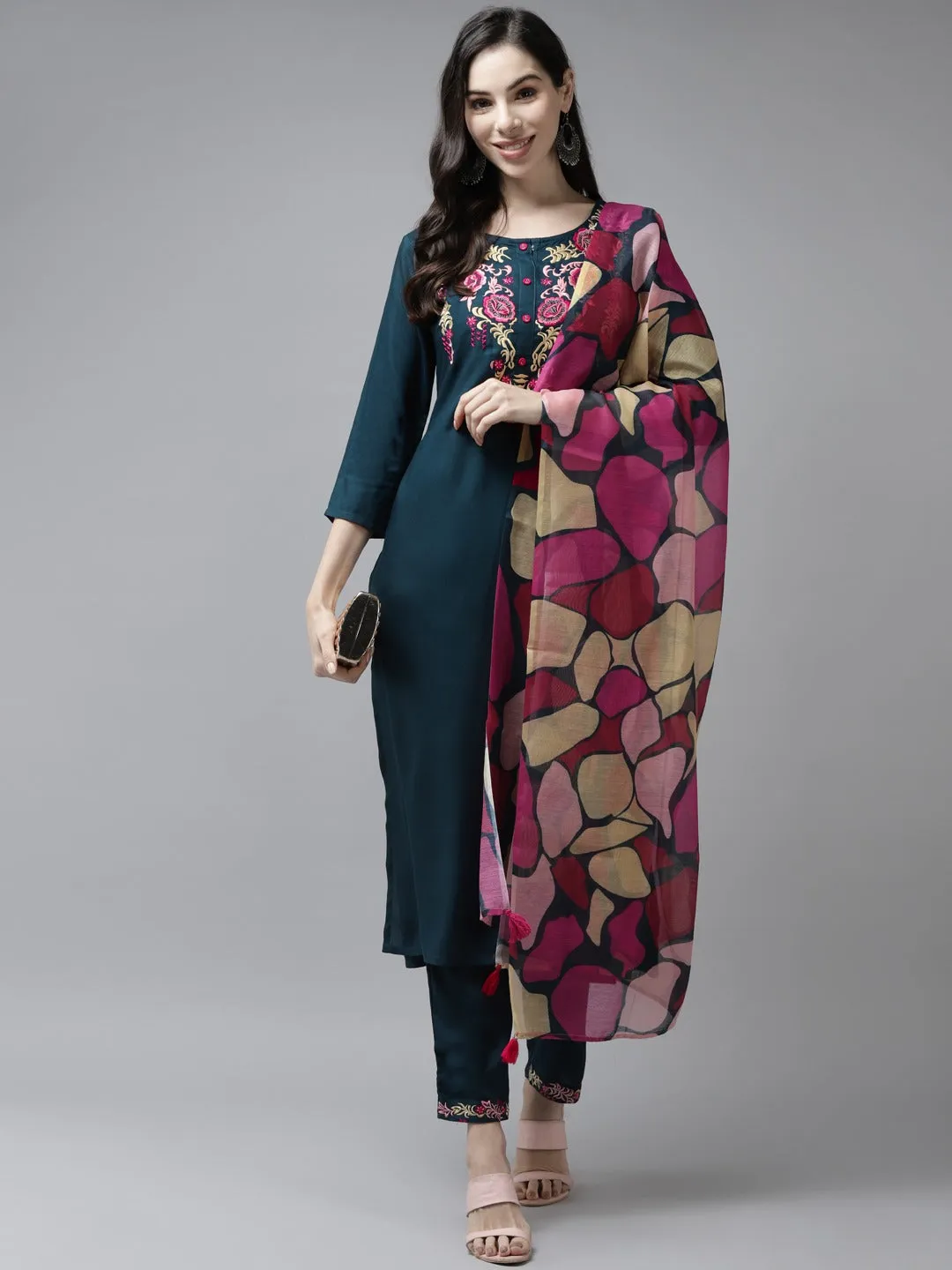 Women Teal Blue Rayon Kurta Set With Dupatta