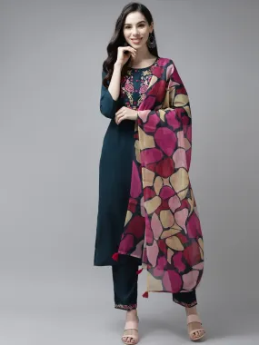 Women Teal Blue Rayon Kurta Set With Dupatta