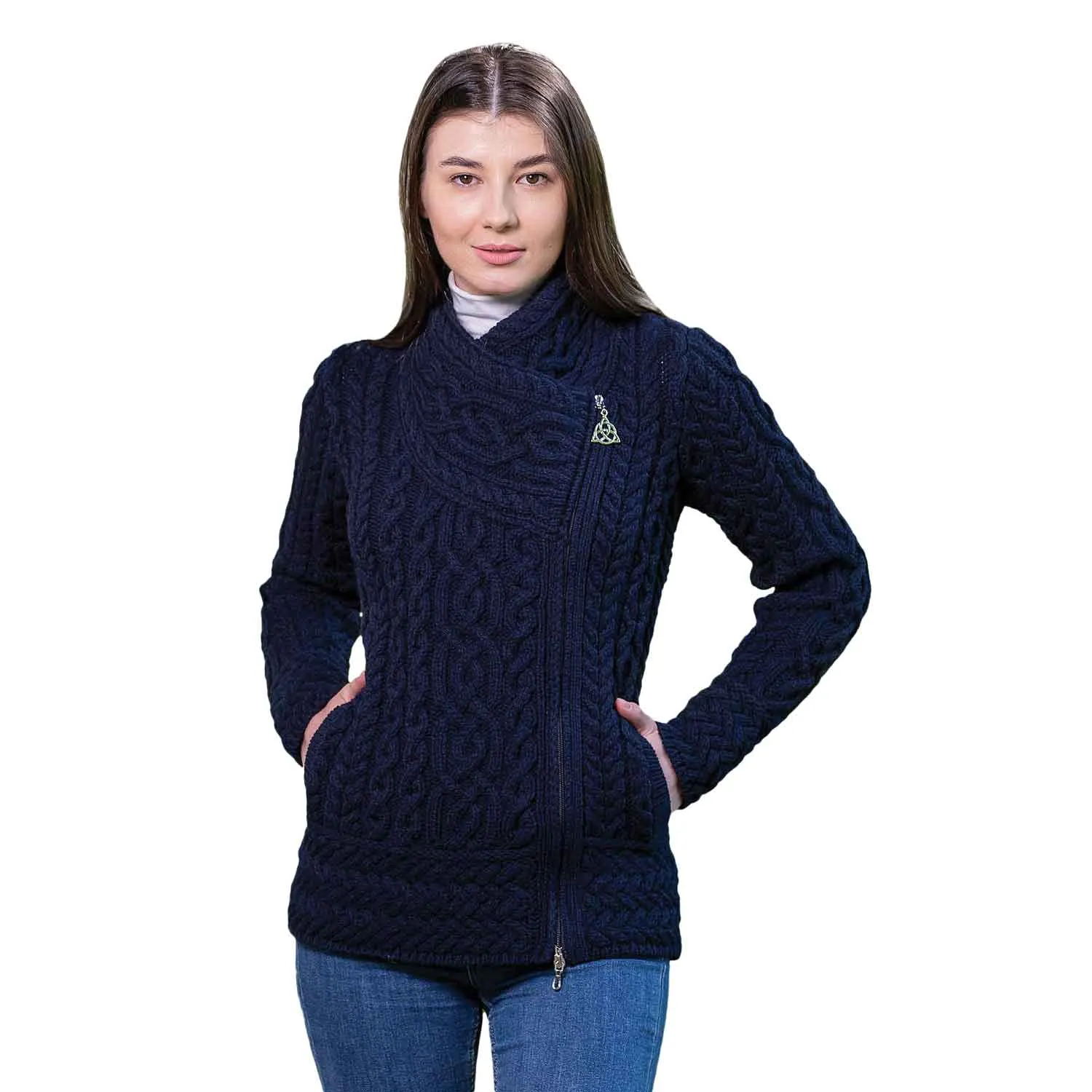 Women's Aran Knit Asymmetrical Zip Moto Coat, Navy