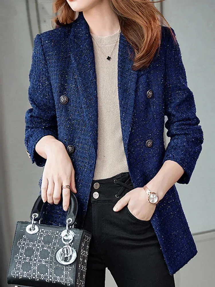 Women's Casual Long Slee Double-Breasted Tweed Blazers French Elegance Thick Long Overcoat with Button for Winter Women Blazers