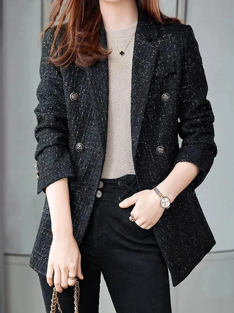 Women's Casual Long Slee Double-Breasted Tweed Blazers French Elegance Thick Long Overcoat with Button for Winter Women Blazers