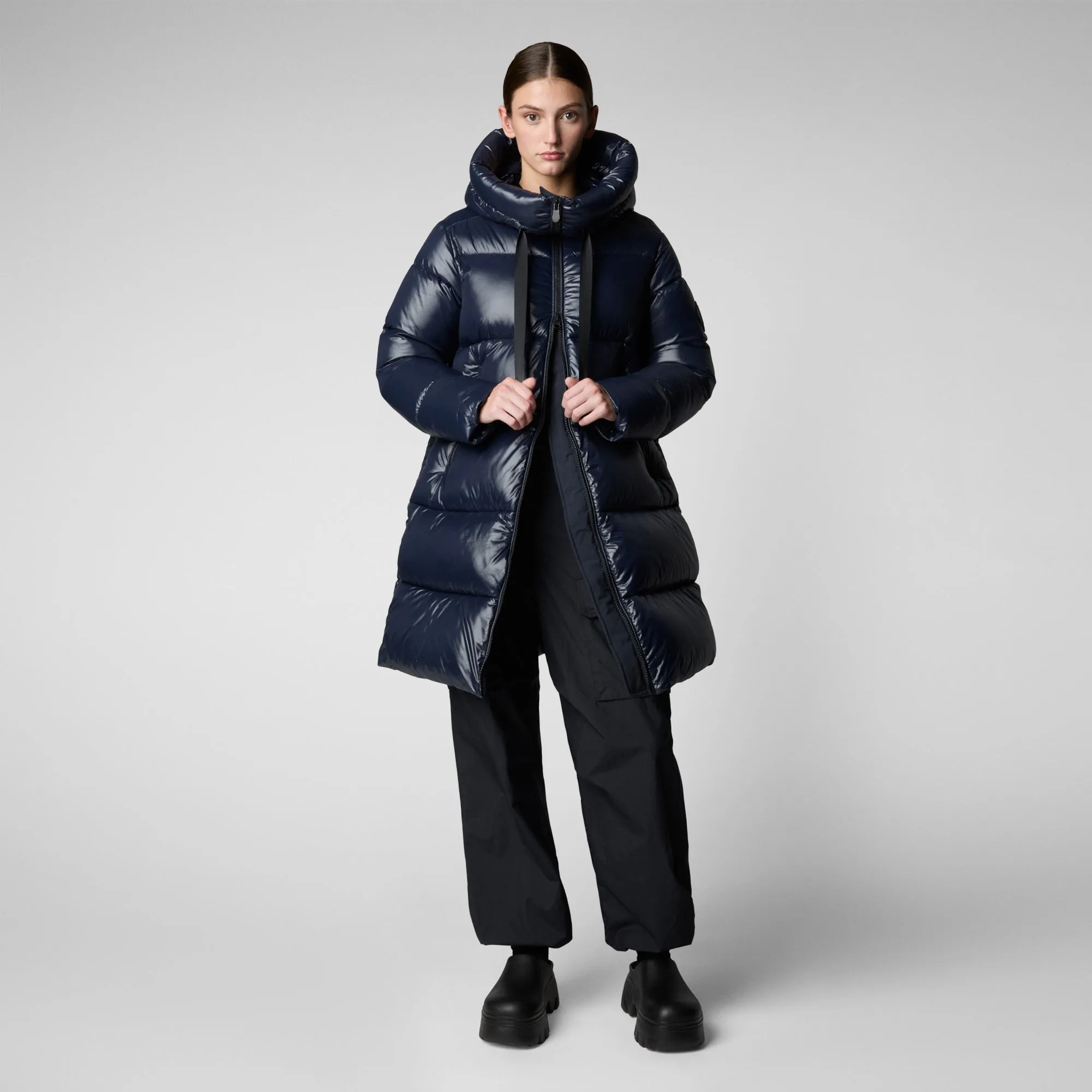 Women's  Hooded Animal free Puffer Coat Isabel in blue black